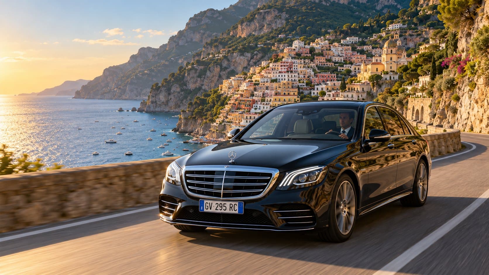 Black Mercedes sedan driving the coastal road above Positano on the Amalfi Coast
