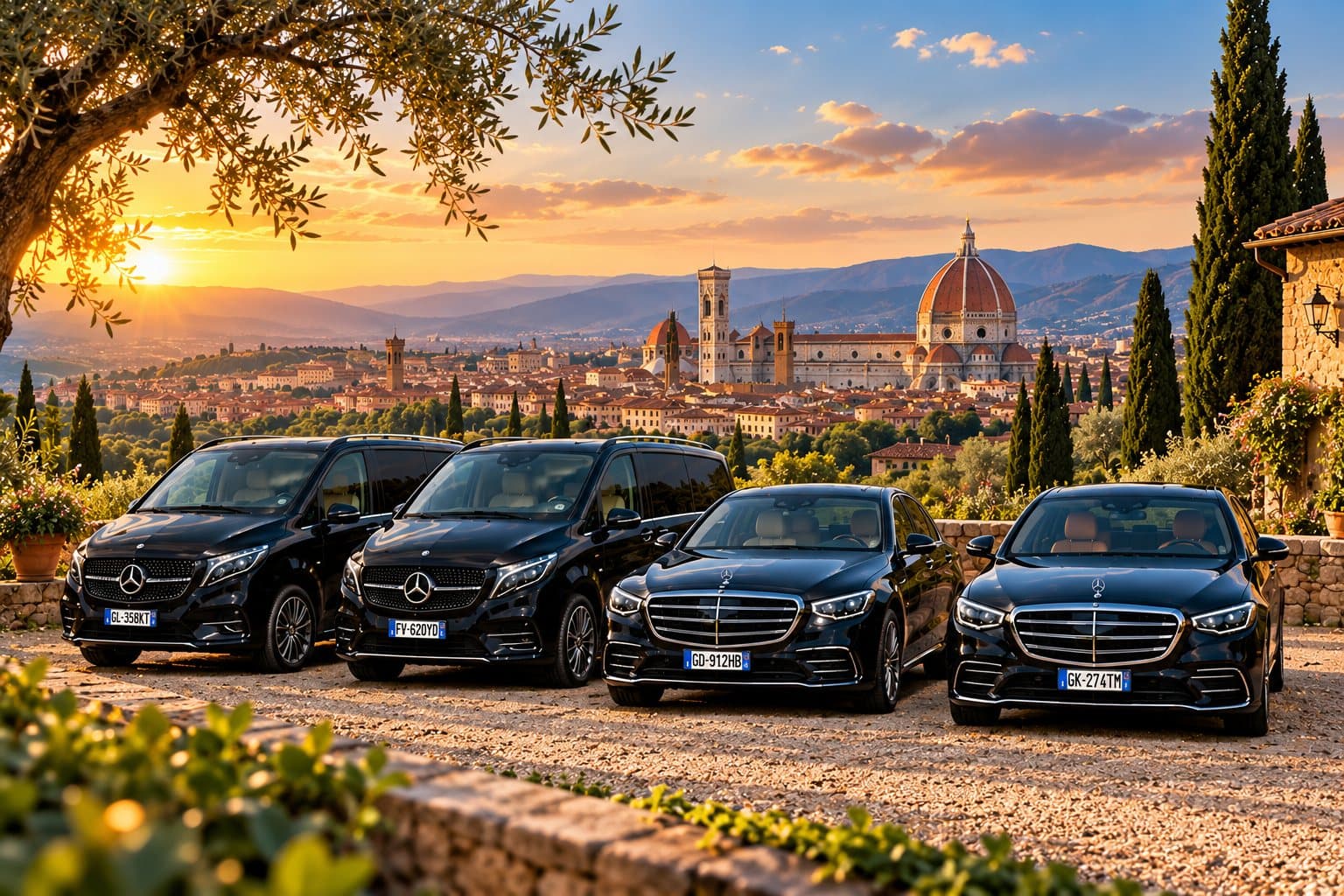 Italy Limo fleet of black Mercedes vehicles overlooking Florence at sunset