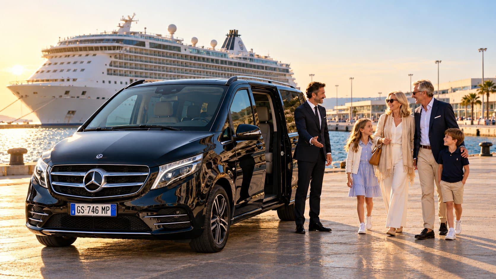Chauffeur greeting a family beside a black Mercedes van in front of a cruise ship