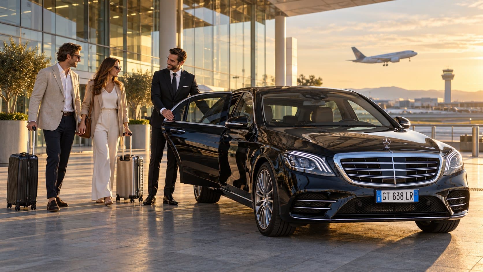 Chauffeur opening the door of a black Mercedes sedan for guests at the airport