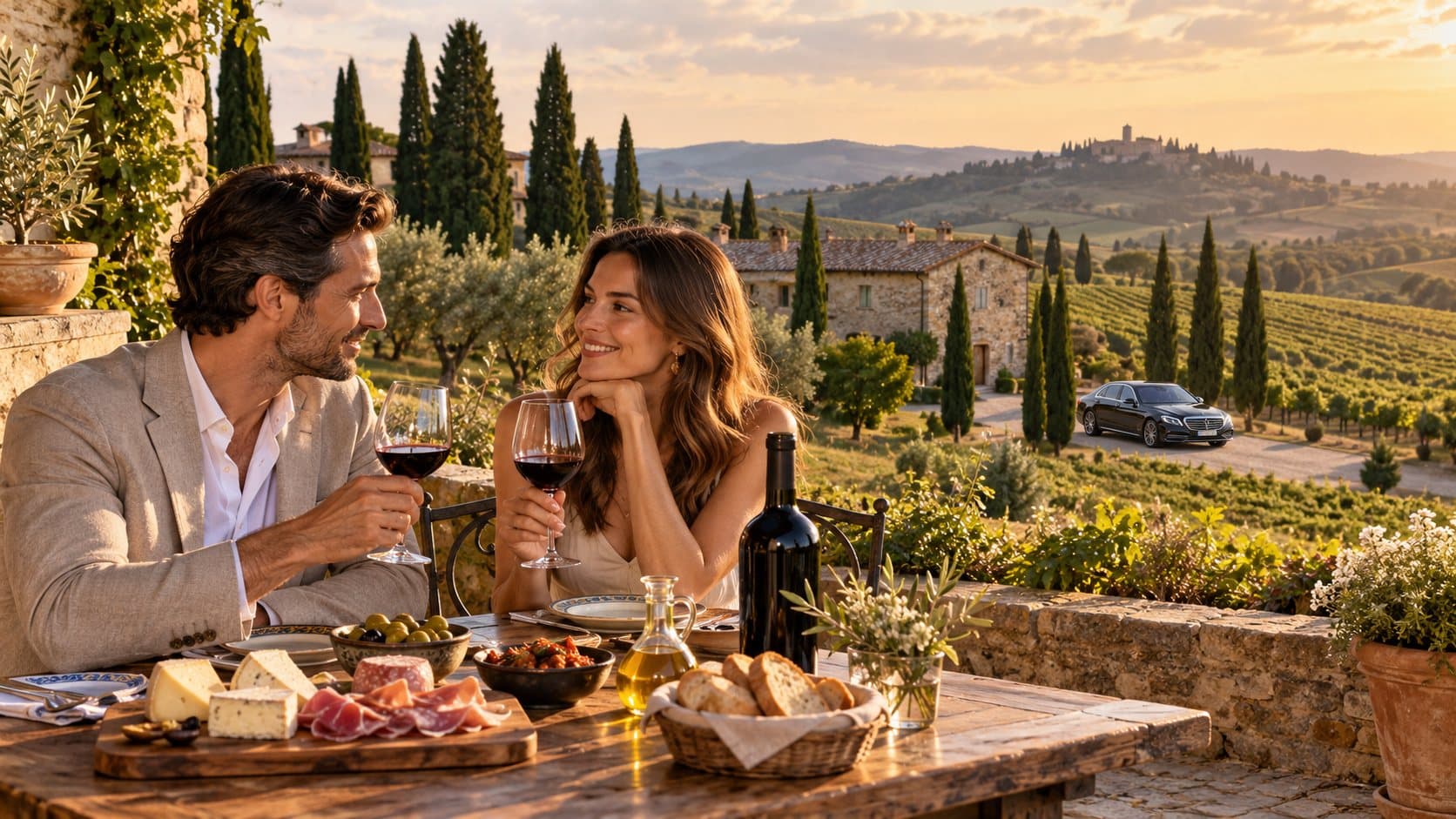 Couple tasting red wine on a Tuscan terrace overlooking vineyards and cypress trees
